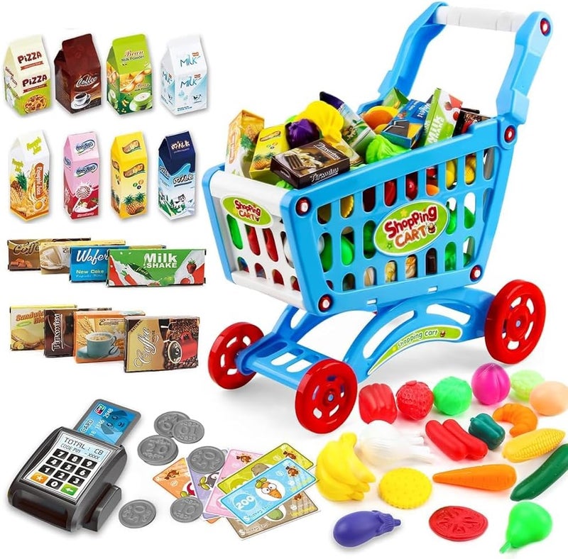 deAO Kids Shopping Cart Trolley for Groceries Toddlers 65 Food Fruit Vegetables Pretend Play Food Role Play Educational Toy Play Kitchen Toys Store Playset (Blue) - Image 1